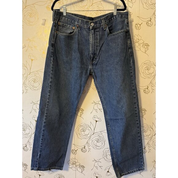Levis 505 Jeans Men's 38 x 30 Blue Denim Straight Leg Medium Wash Distressed - Picture 1 of 5